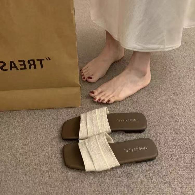 韓系海邊度假沙灘仙女風外穿平底褶皺一字涼拖鞋