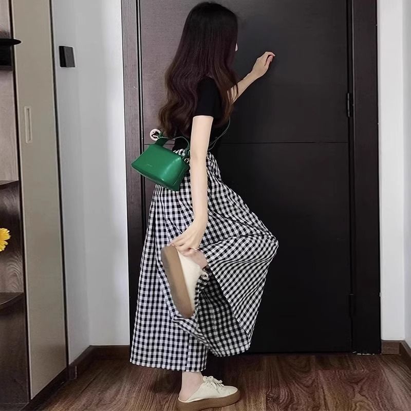 【單件/套裝】氣質休閒短袖+寬鬆遮肉格子鬆緊腰裙褲兩件套裝-Cicimode