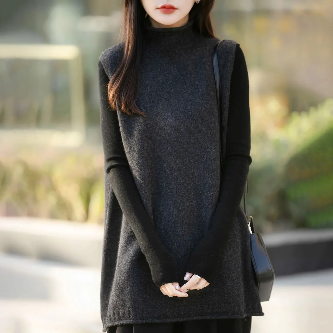 半高領中長版寬鬆疊穿背心百搭坎肩羊毛針織馬甲