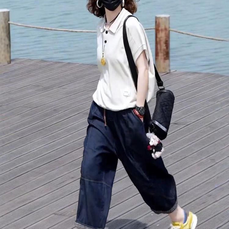 【單件/套裝】POLO領後背印花短袖上衣+薄款牛仔八分褲兩件套裝