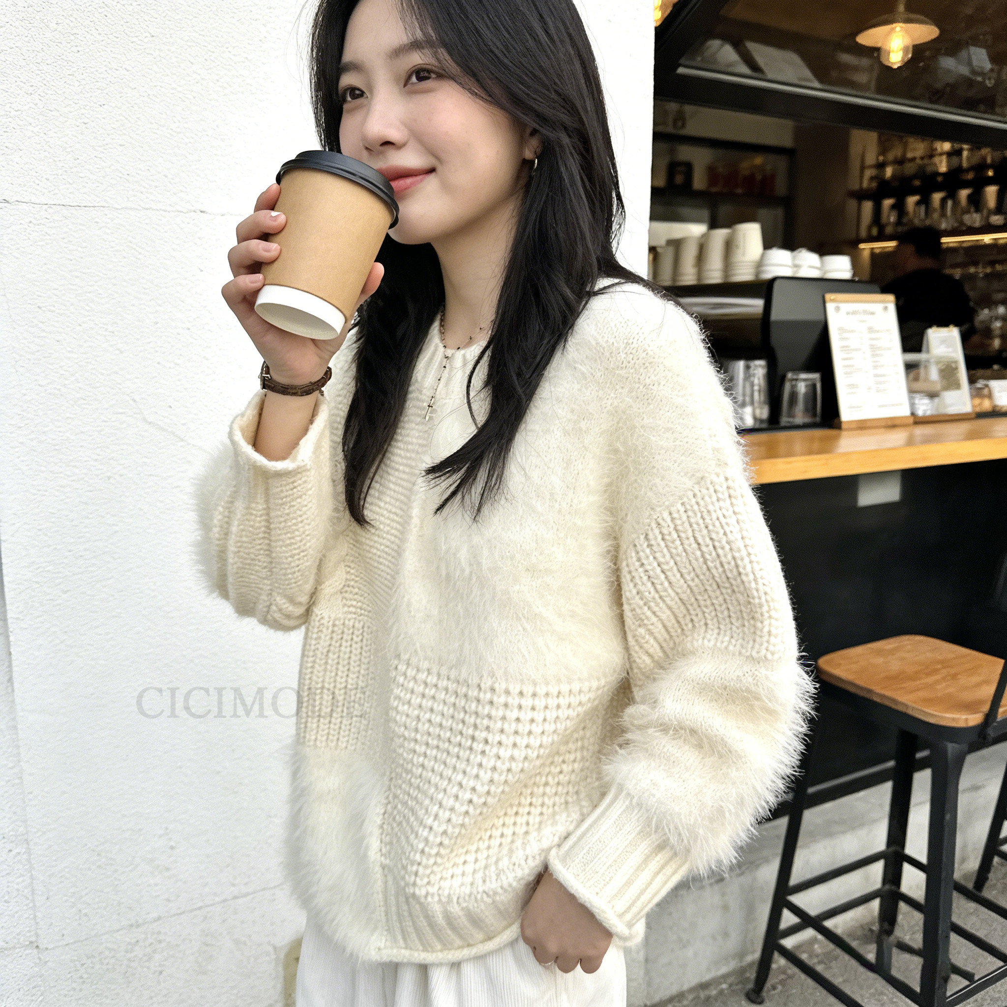 奶杏色高級感慵懶風寬鬆重工拼接針織毛衣-Cicimode