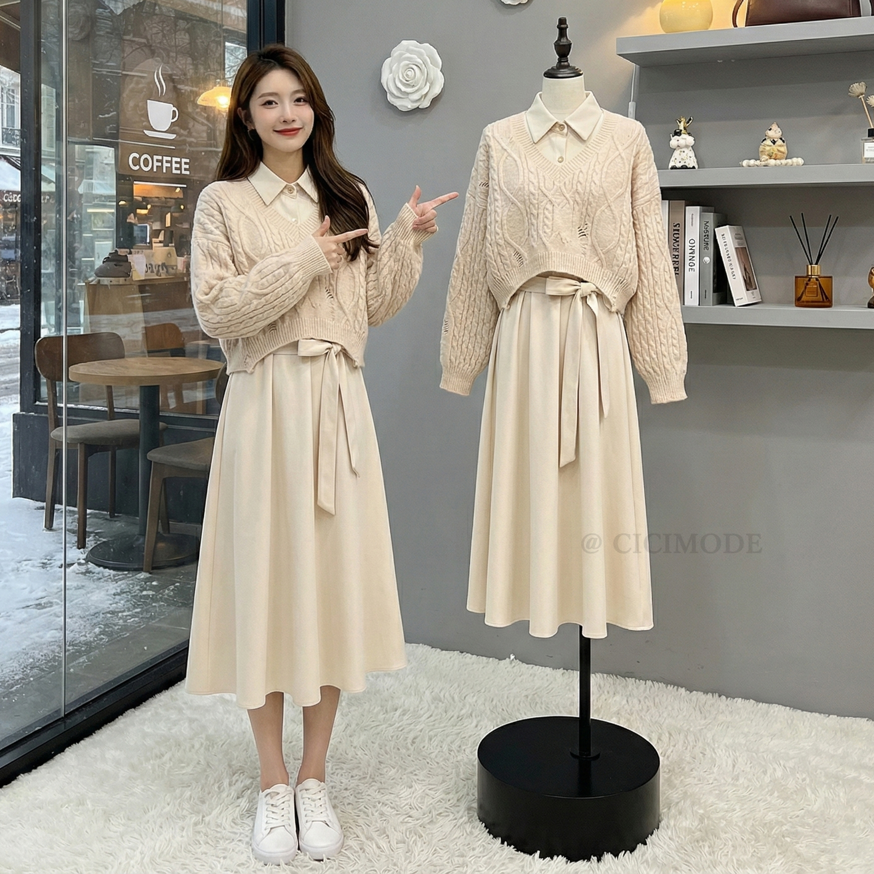 【單件/套裝】設計感慵懶風毛衣+寬鬆顯瘦襯衫洋裝兩件套-Cicimode