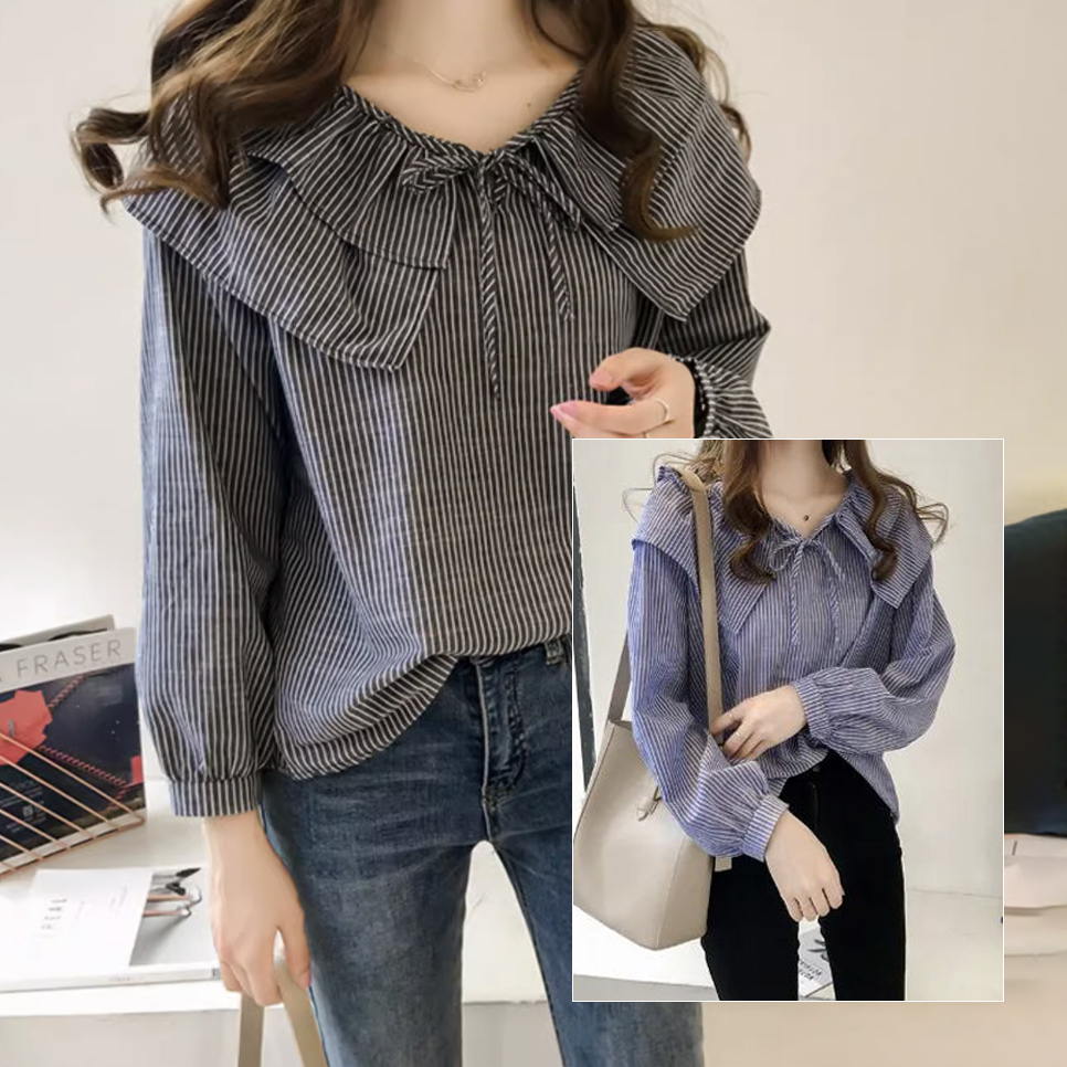 韓版chic休閒寬鬆娃娃領蝴蝶結溫柔風條紋襯衫