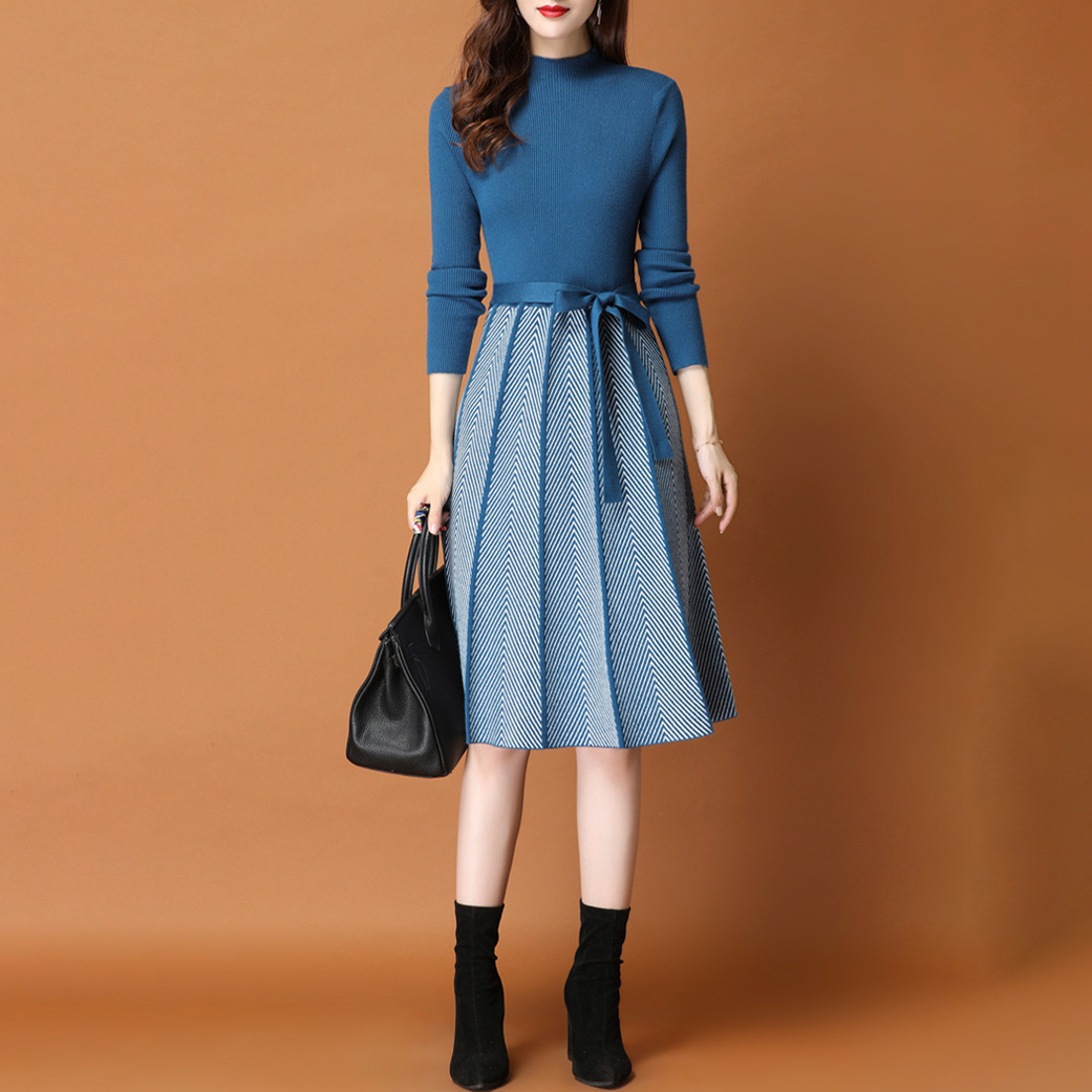 氣質撞色收腰可單穿配大衣長款針織連身裙