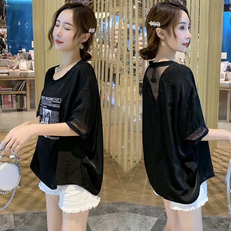 氣質設計感甜美蕾絲拼接網紗露背短袖-Cicimode