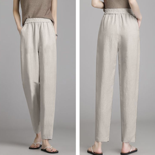 亞麻顯瘦休閒薄款冰絲高腰寬鬆九分哈倫褲-Cicimode