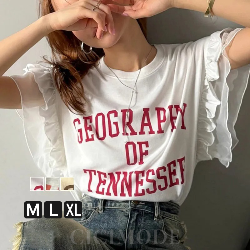 日韓時尚百搭字母印花荷葉邊拼接短袖T恤