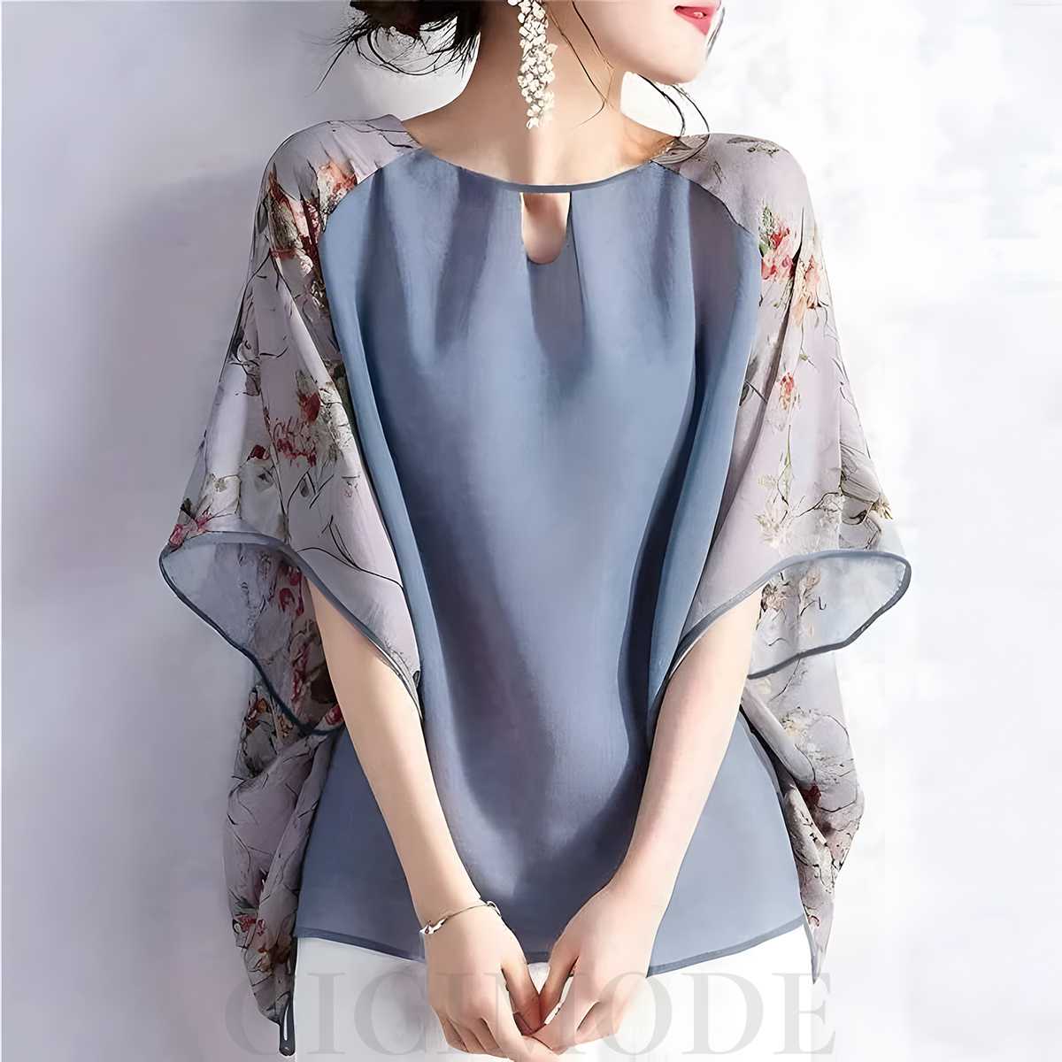 日韓休閑領中鏤空印花拼接圓領中袖上衣