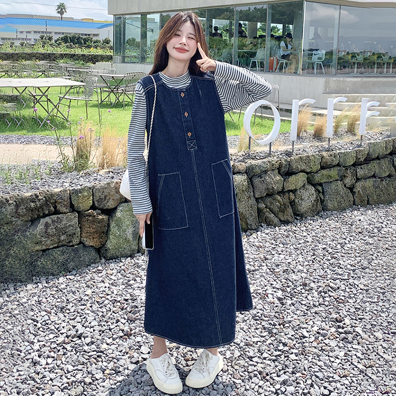 【單件/套裝】韓系條紋顯瘦上衣+復古牛仔背心洋裝兩件套-Cicimode