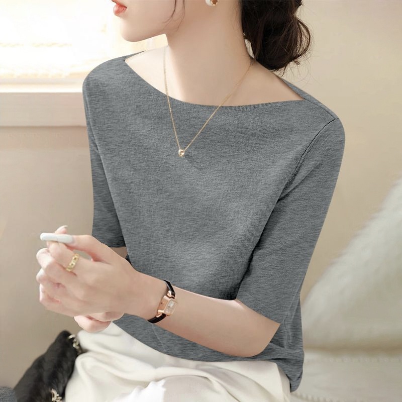 氣質百搭螺紋一字領修身顯瘦中袖打底衫-Cicimode