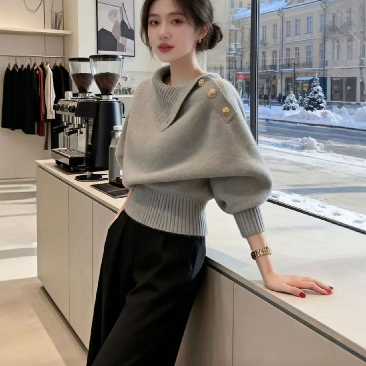 高級感韓系慵懶可外穿不規則翻領針織毛衣