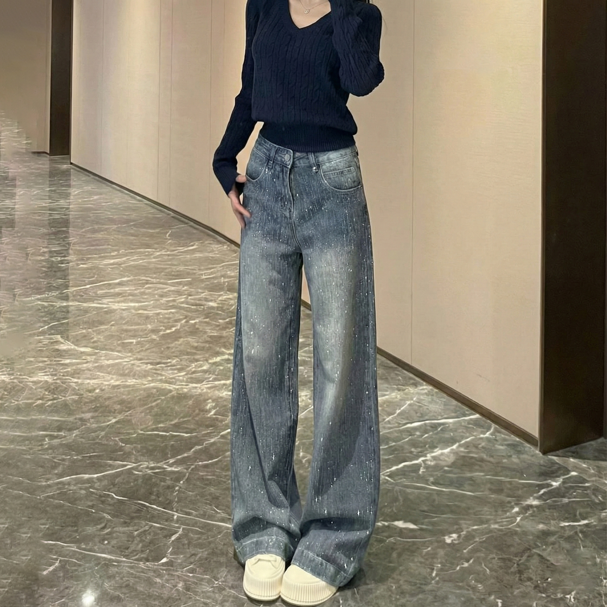 【今年超流行】美式燙鑽高腰顯瘦刷毛加厚闊腿拖地牛仔褲