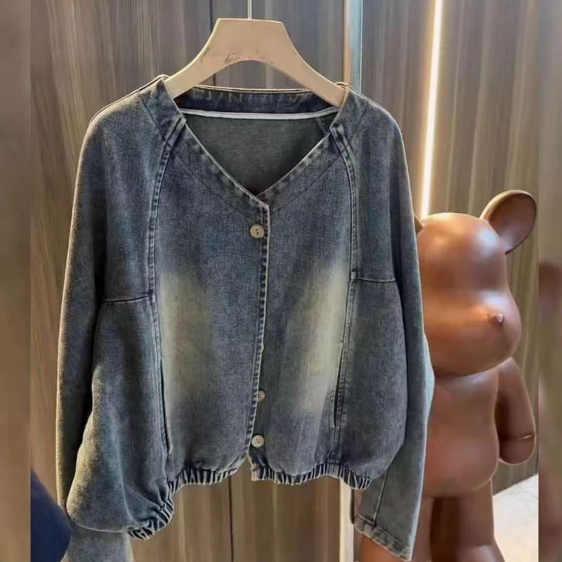 大碼復古短版百搭洋氣休閒夾克牛仔外套