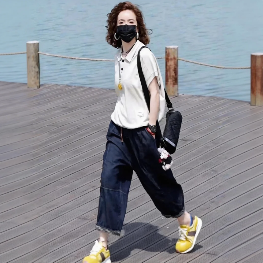 【單件/套裝】POLO領後背印花短袖上衣+薄款牛仔八分褲兩件套裝