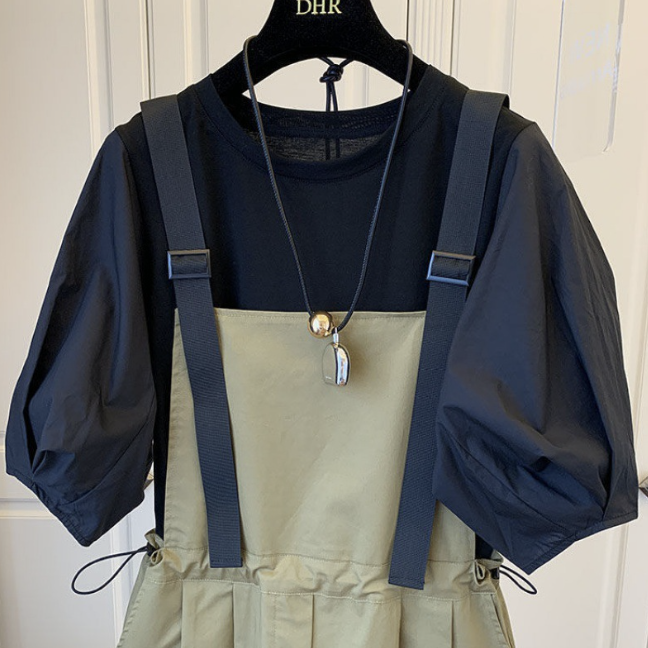 【可單買】韓版泡泡袖上衣+顯瘦收腰背帶連身裙套裝