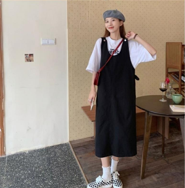 【單件/套裝】日系洋氣顯瘦減齡寬松遮肚背帶裙+印花短袖T恤兩件套