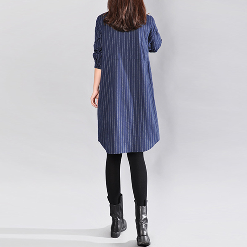 文藝寬鬆拼接條紋棉麻長袖襯衫連身裙