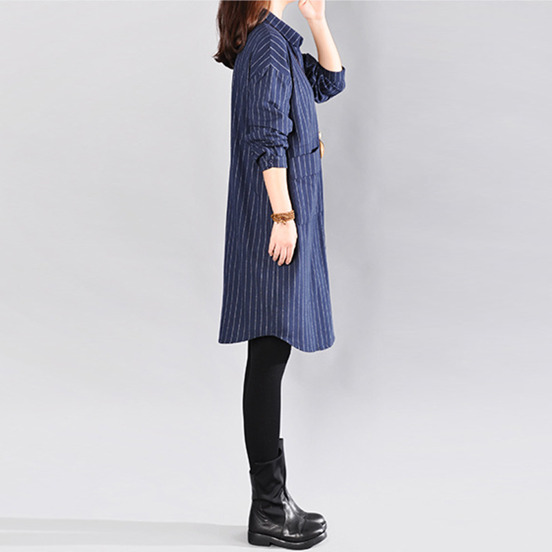 文藝寬鬆拼接條紋棉麻長袖襯衫連身裙