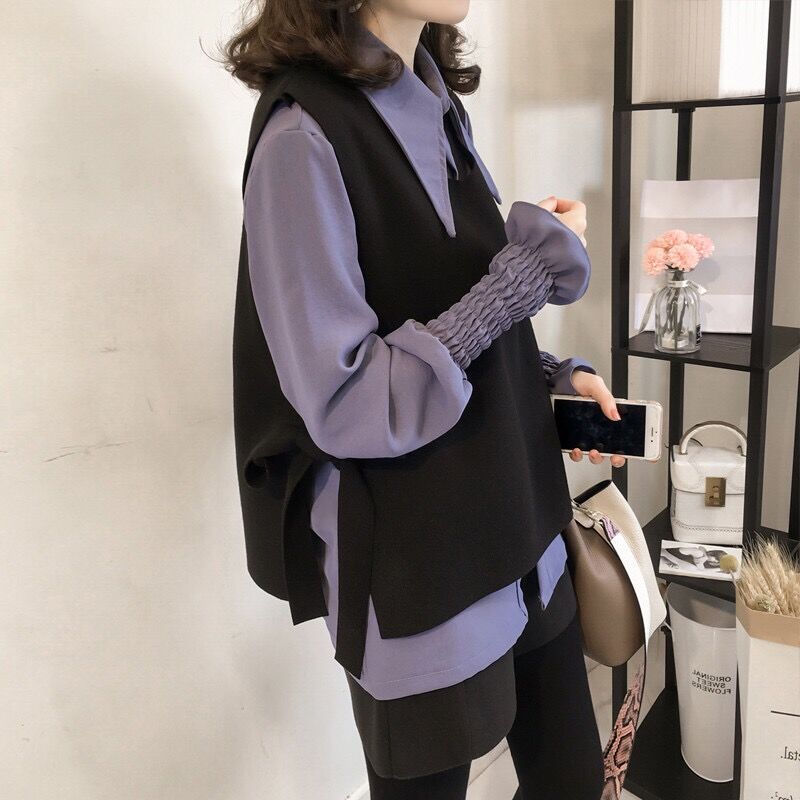 【整套】時尚休閒設計感馬甲+鬆緊袖口襯衫兩件套裝-Cicimode