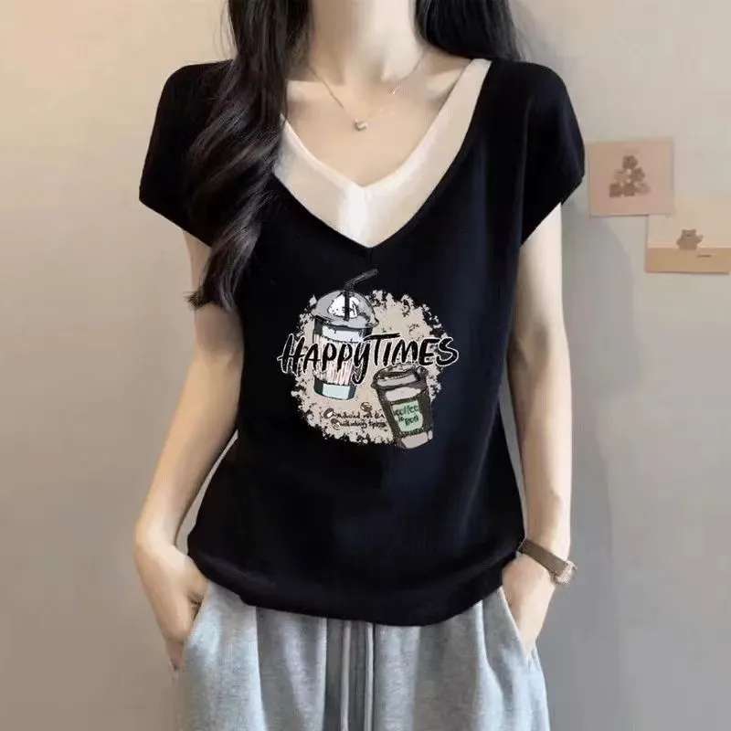 純棉多款式洋氣寬鬆大碼顯瘦V領假兩件短袖T恤-Cicimode