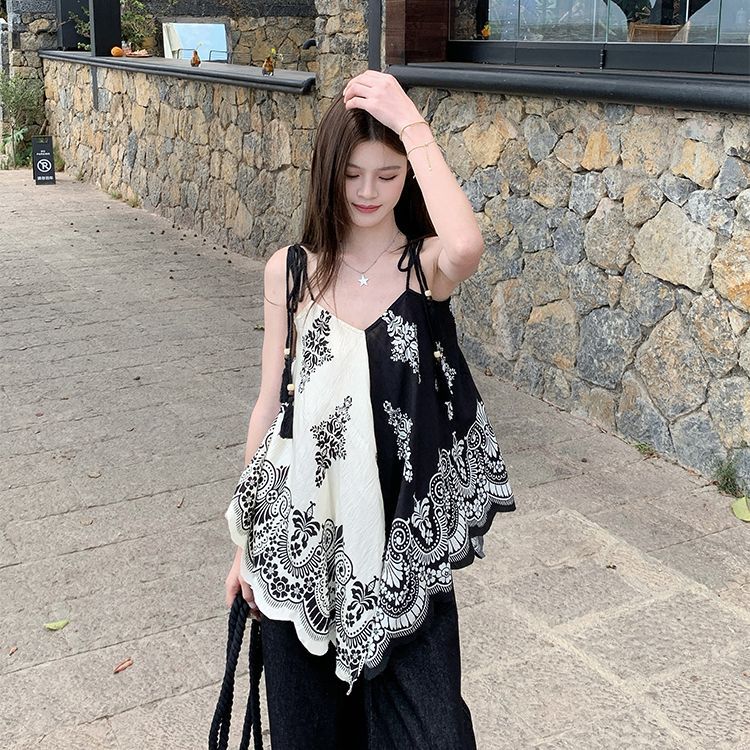 復古印花寬松設計顯瘦新中式度假吊帶洋裝