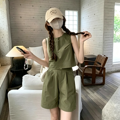 【單件/套裝】簡約休閑寬松背心+高腰闊腿短褲兩件套裝