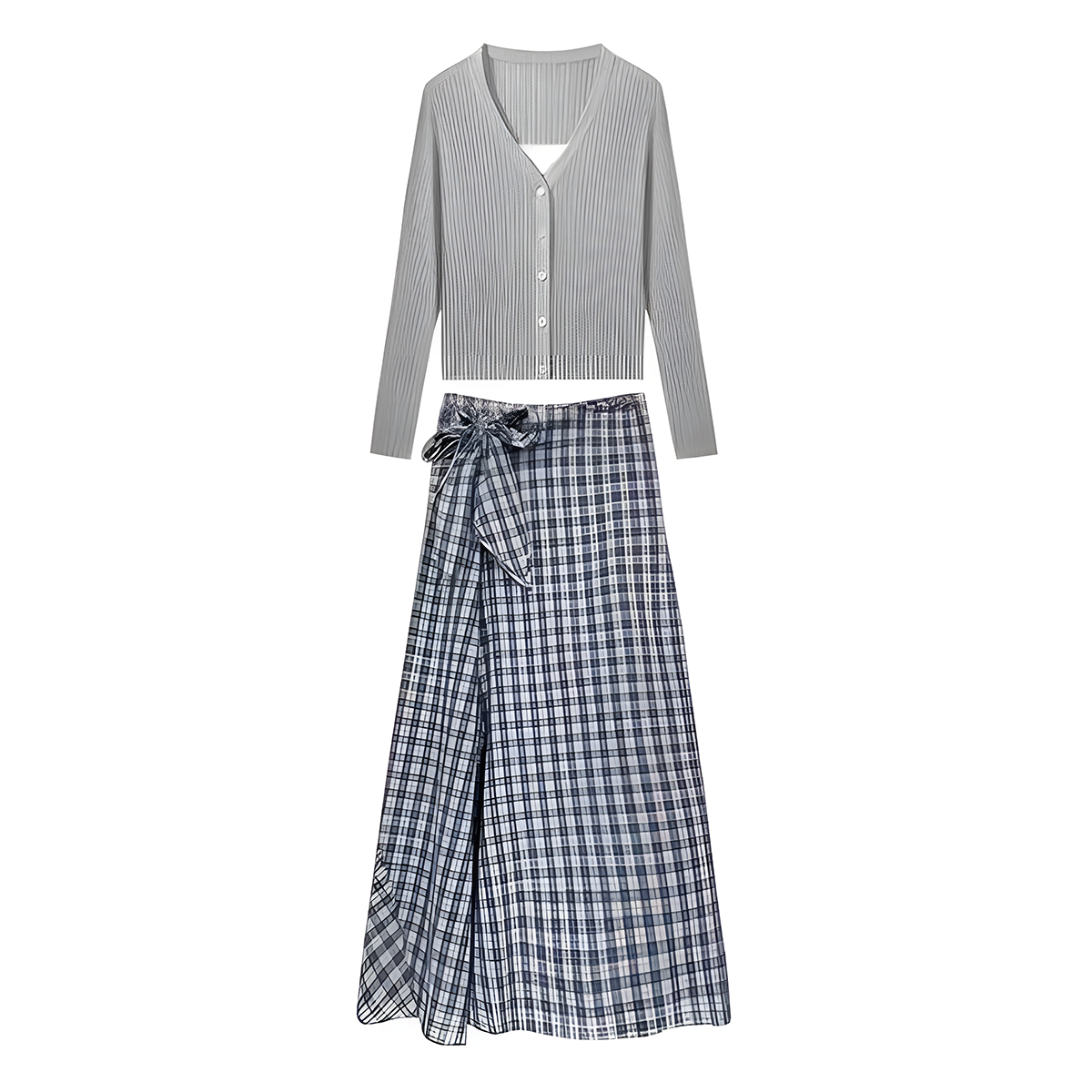 【單件/套裝】法式灰色長袖針織開衫+白色吊帶+氣質格子綁帶半身裙三件套-Cicimode