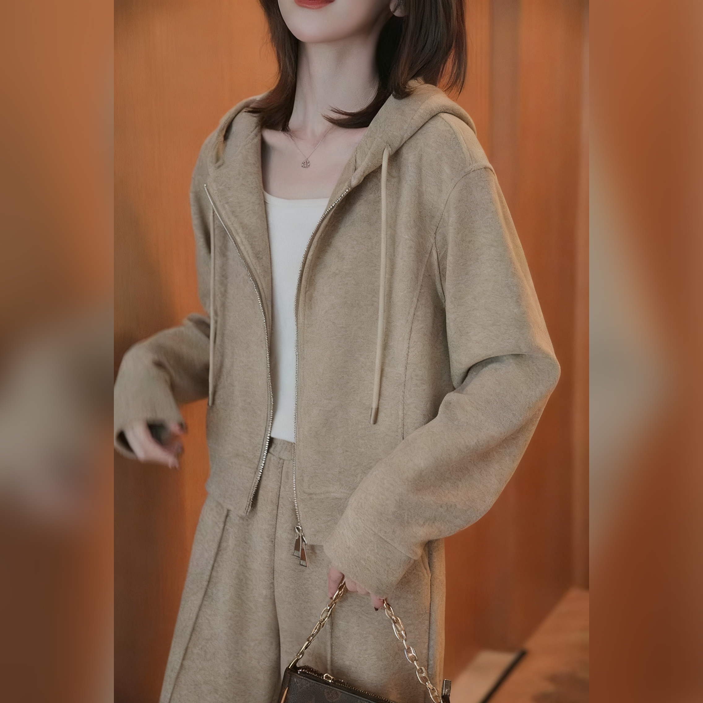 【單件/套裝】時尚連帽短版雙拉鏈外套+直筒休閒褲兩件套-Cicimode