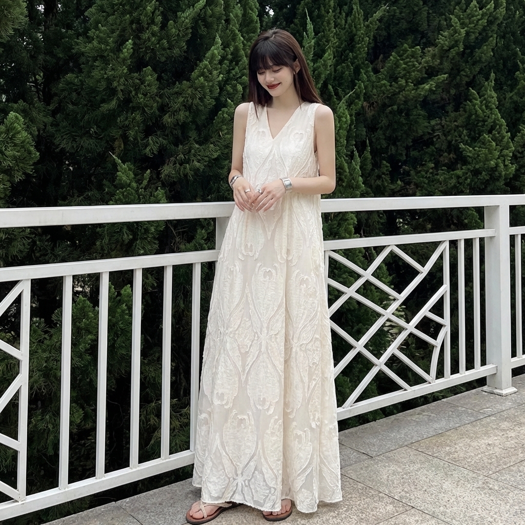 高級感刺繡提花加長版V領寬鬆大碼洋裝