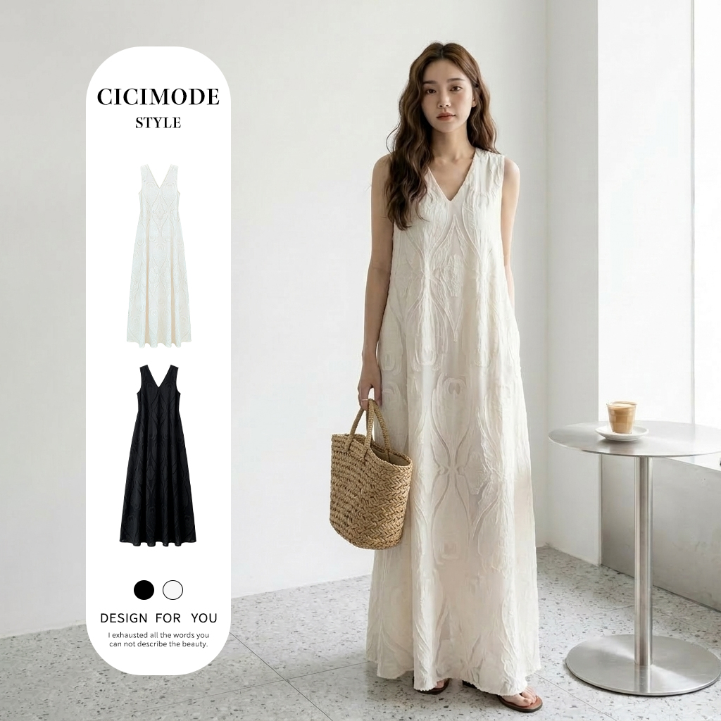 高級感刺繡提花加長版V領寬鬆大碼洋裝