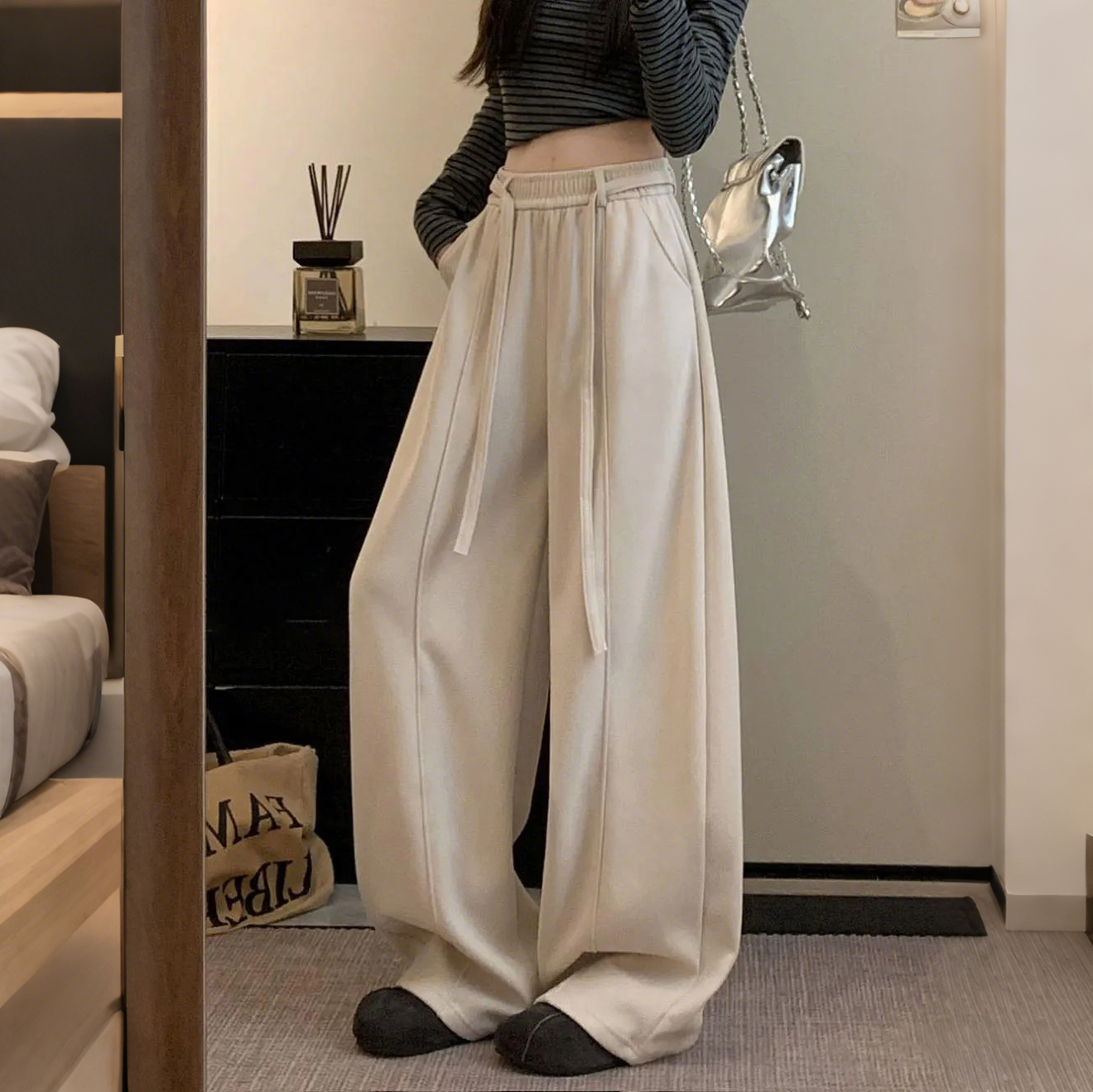 韓版刷毛鬆緊高腰休閒寬鬆垂感顯瘦闊腿褲-Cicimode