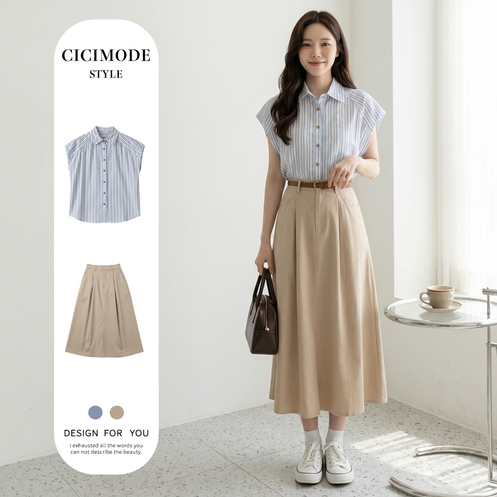 【單件/套裝】時尚通勤休閒減齡polo領條紋短袖襯衫+高腰半身裙兩件套裝