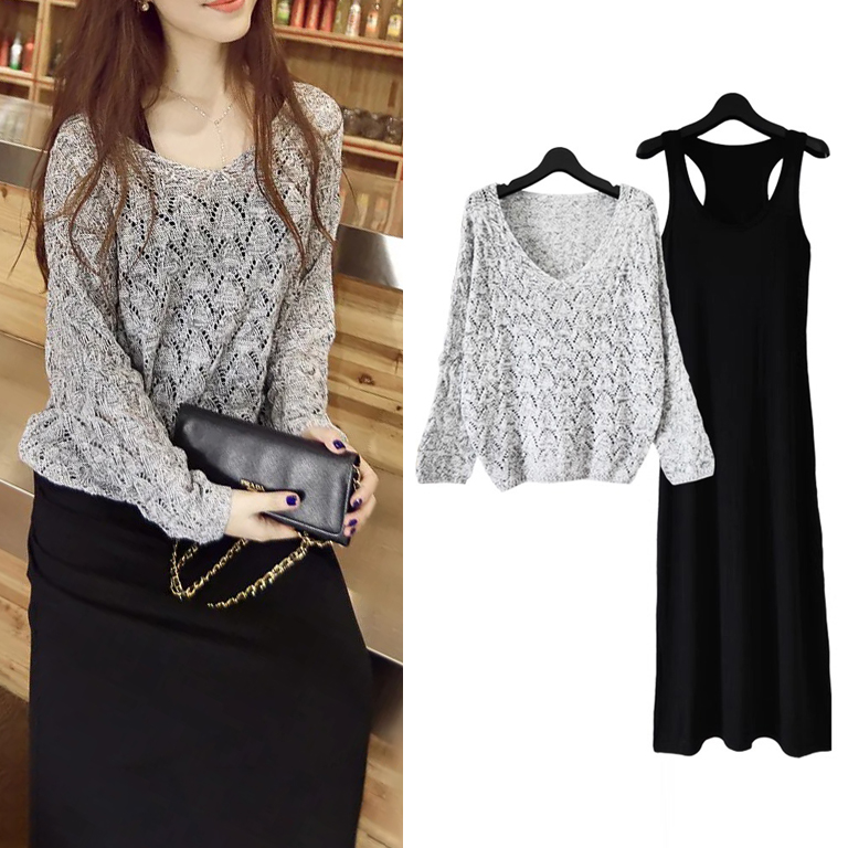 【整賣】韓版套頭針織長袖 修身時尚連身裙兩件套裝