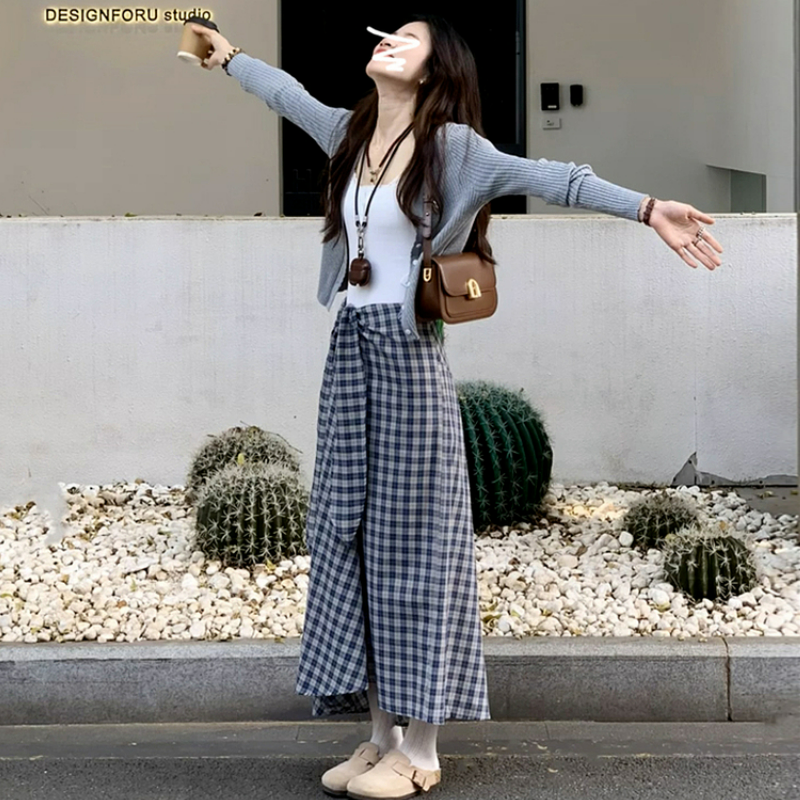 【單件/套裝】法式灰色長袖針織開衫+白色吊帶+氣質格子綁帶半身裙三件套-Cicimode