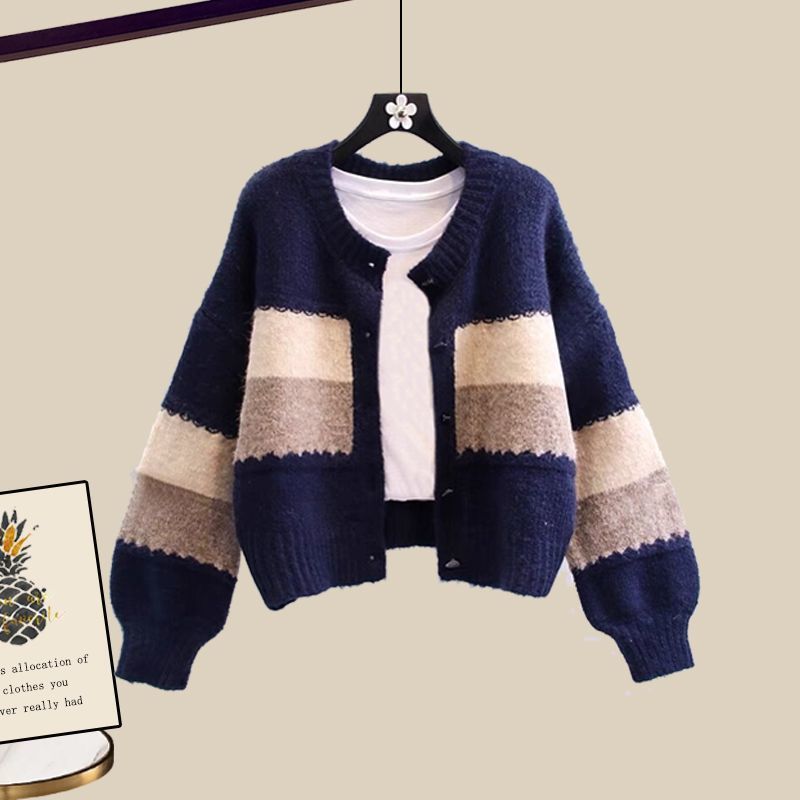 【單件/套裝】復古慵懶撞色針織開衫+收腰顯瘦做舊牛仔闊腿褲兩件套-Cicimode