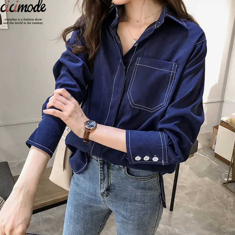 寬鬆慵懶長袖復古港味風純色襯衫-Cicimode