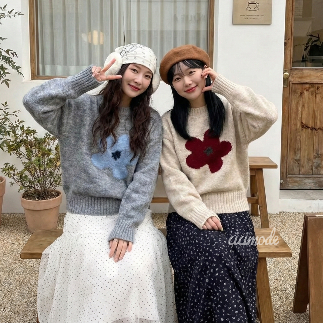 韓系花朵提花圓領短版套頭針織毛衣-Cicimode