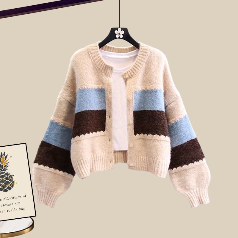 【單件/套裝】復古慵懶撞色針織開衫+收腰顯瘦做舊牛仔闊腿褲兩件套-Cicimode