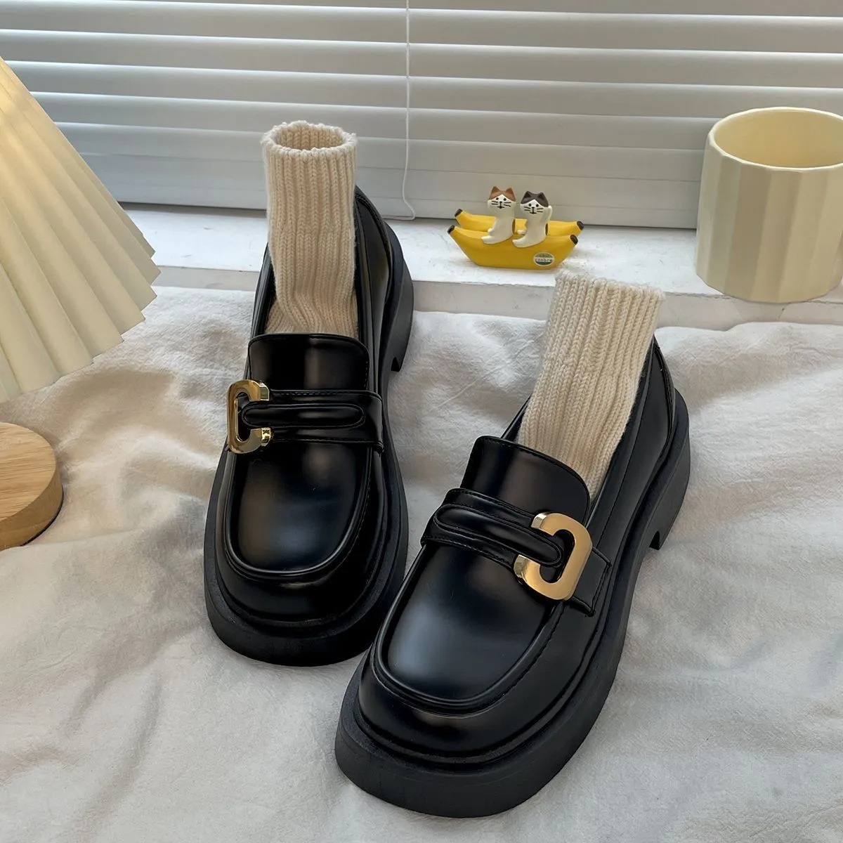 英倫風復古百搭厚底樂福鞋小皮鞋圓頭單鞋