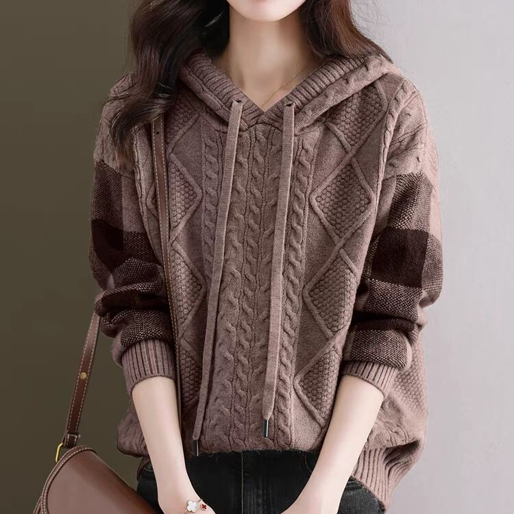 慵懶風休閒連帽寬鬆針織衫長袖