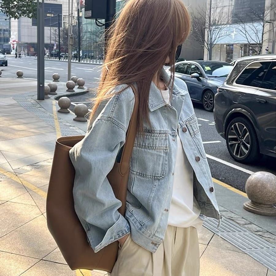 百搭寬鬆夾克長袖高級感復古藍牛仔外套-Cicimode