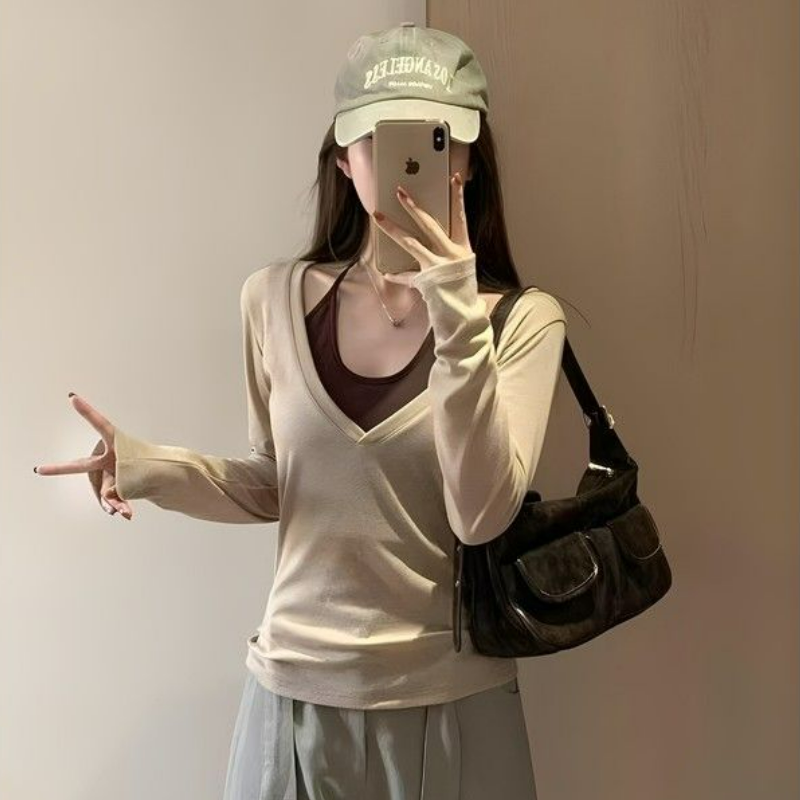 【整套】疊穿美式辣妹修身長袖罩衫+掛脖背心兩件套裝