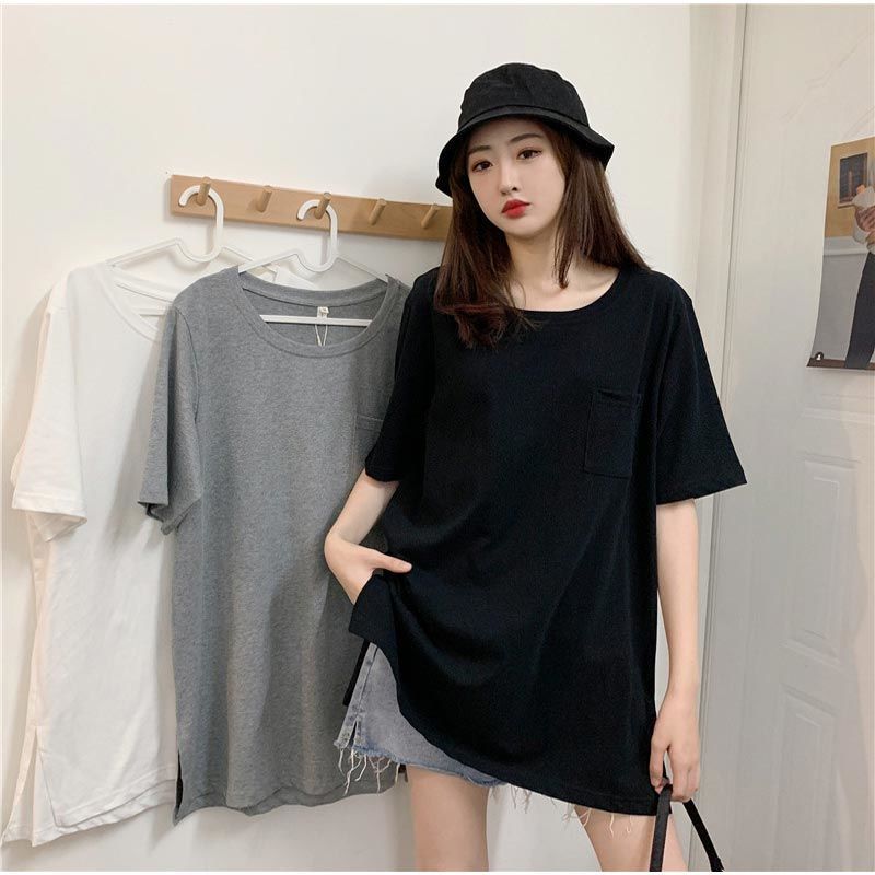 港風純棉寬鬆圓領開叉遮臀中長版短袖T恤