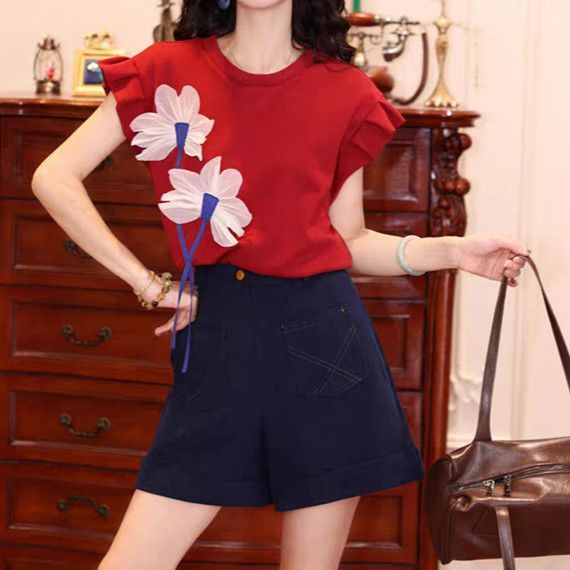 【單件/套裝】休閒寬鬆顯瘦復古設計感T恤+闊腿短褲兩件套裝