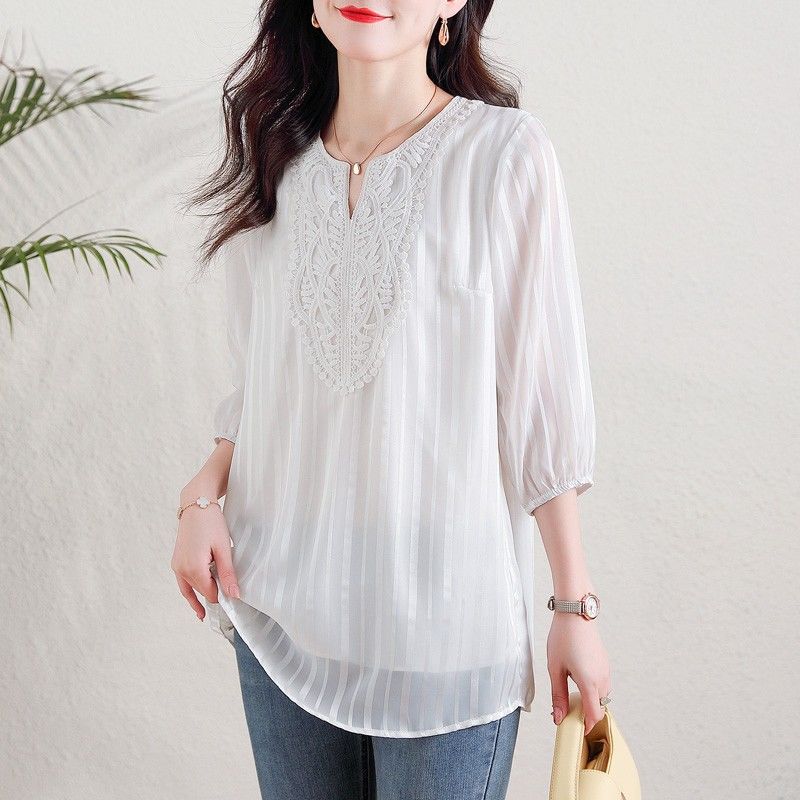 氣質蕾絲拼接雪紡衫寬鬆v領暗條紋中袖T恤-Cicimode