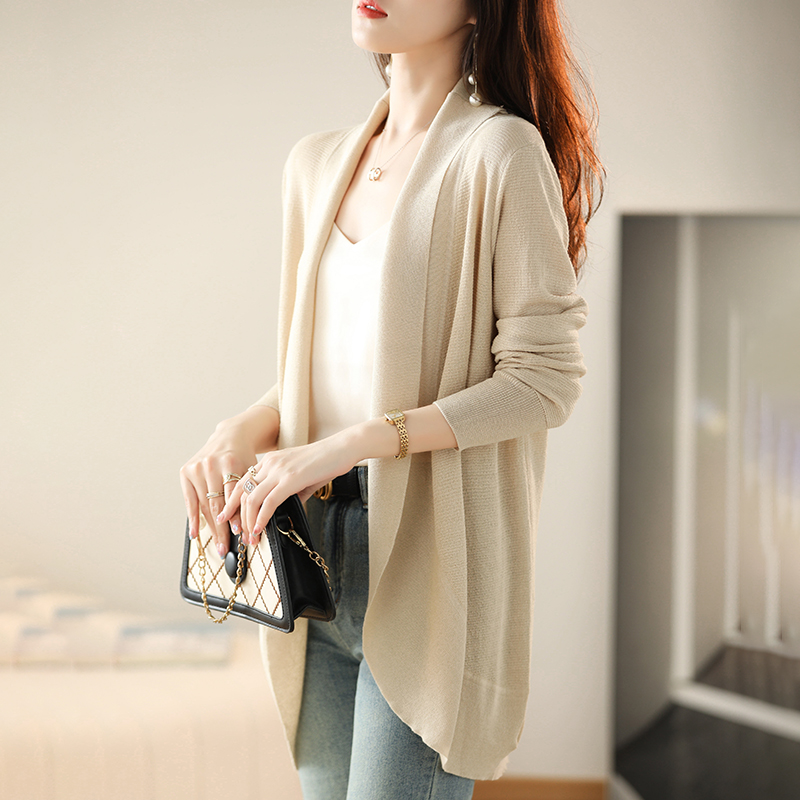 洋氣寬鬆中長款冰絲V領空調衫針織開衫