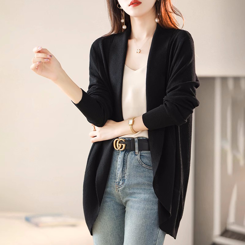 洋氣寬鬆中長款冰絲V領空調衫針織開衫