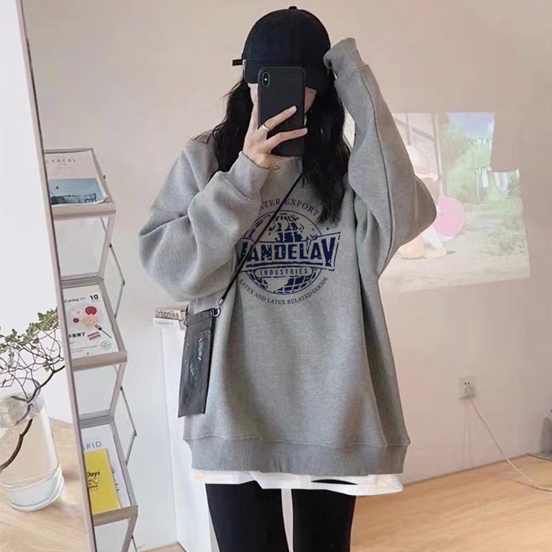 薄款休閒時尚假兩件設計感圓領印花衛衣