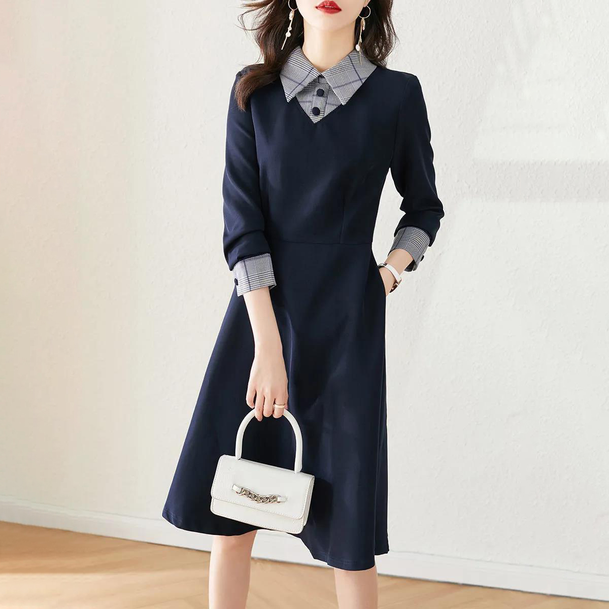 Sani Dress 圓領幼線拼色仿兩件連身裙 - Navy 深藍色 (CB587 Oversize)