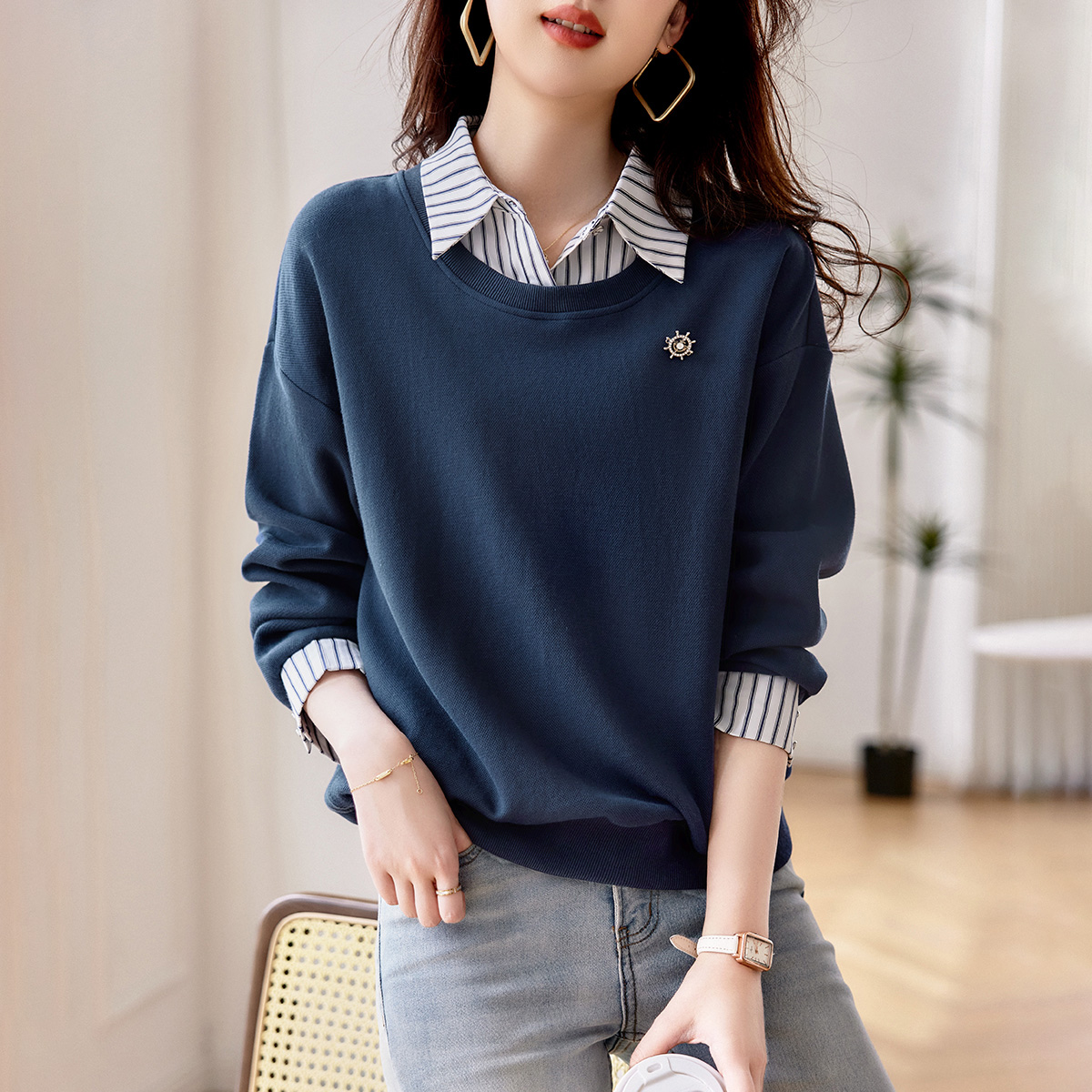 韓版時尚休閒顯瘦減齡假兩件衛衣